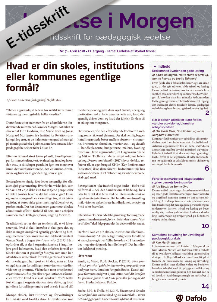 Ledelse i Morgen, Nr. 7. April 2018. 21. årgang. Tema: Ledelse af styrket trivsel