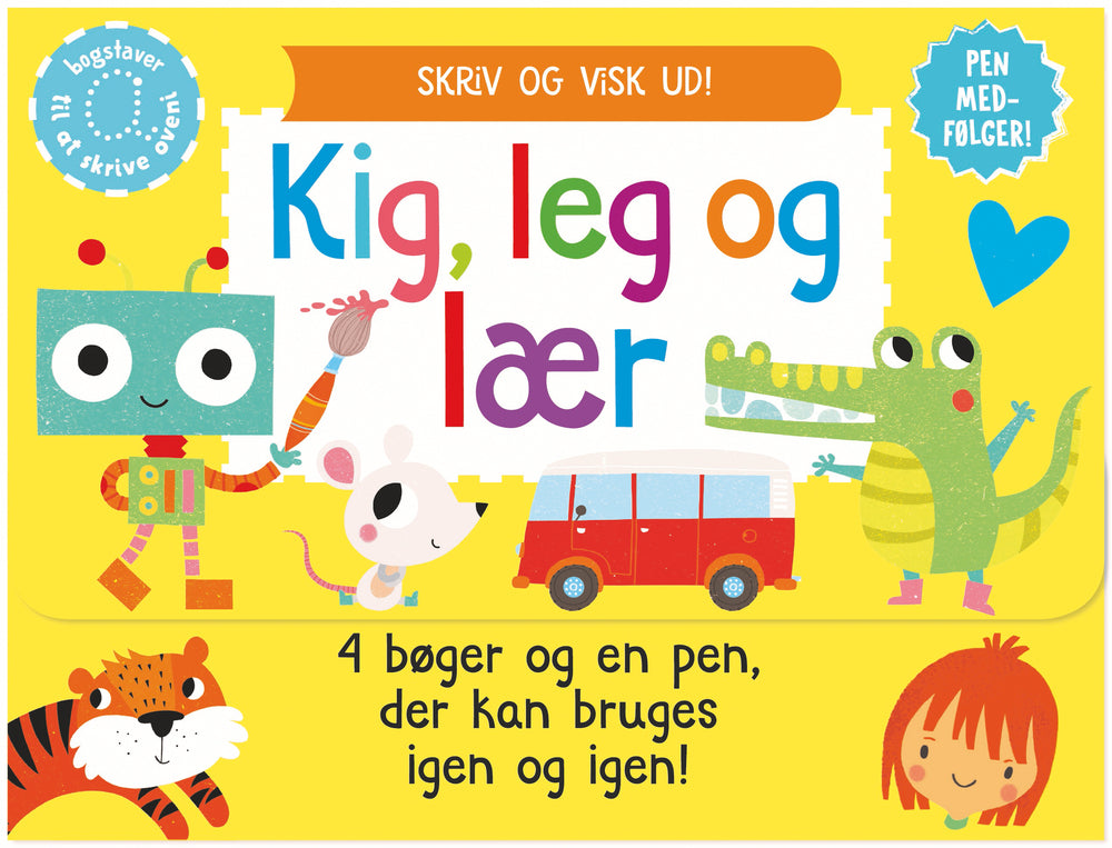 Skriv og visk ud - Kig, leg og lær (kuffert med 4 bøger og pen)