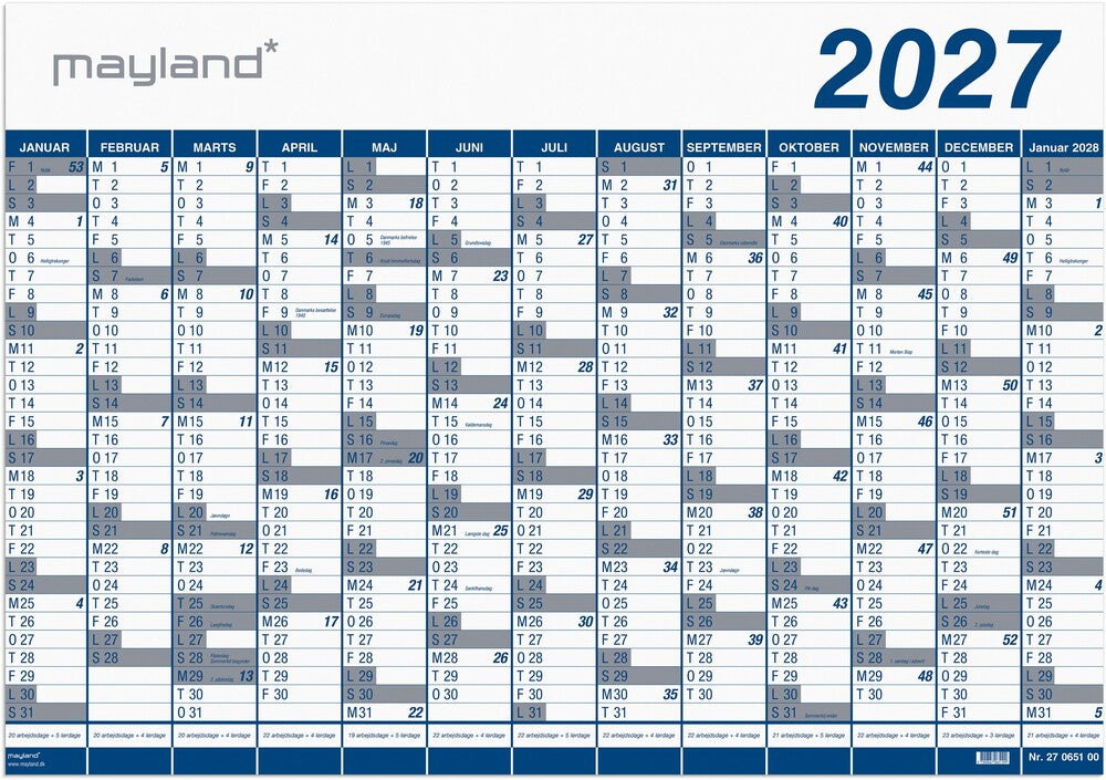 Kæmpekalender 2027 plast i rør 13 mdr Mayland 100 x 70 cm