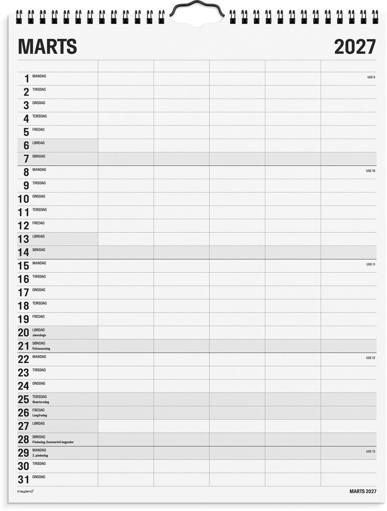 Mayland Studie Familiekalender 26/27 Black and White 5 kolonner