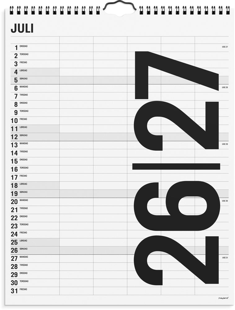 Mayland Studie Familiekalender 26/27 Black and White 5 kolonner