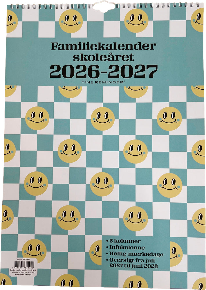 D1 SKOLEFAMILIEKALENDER 2026/27 A3 SMILEY M/TERN I PASTELFARVER