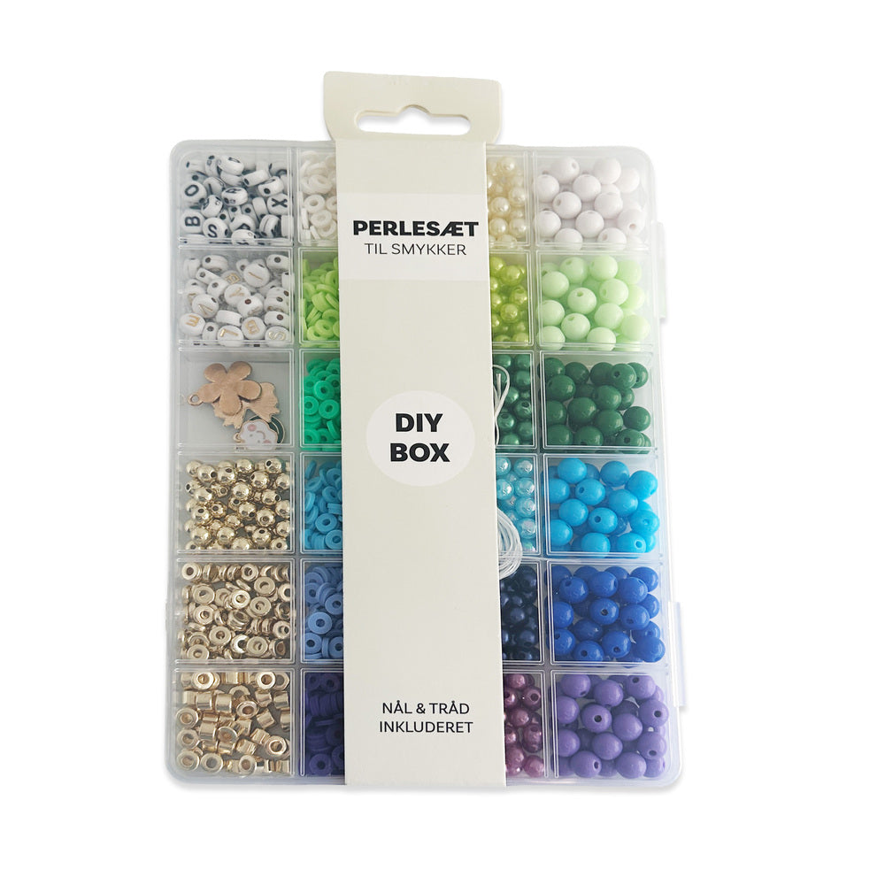 Perler æske trendy blå/grøn/guld/bogstav mix inkl. nål/tråd
