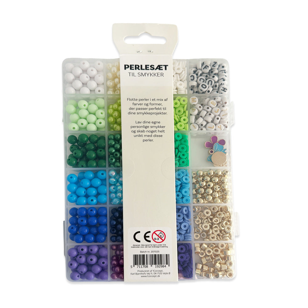 Perler æske trendy blå/grøn/guld/bogstav mix inkl. nål/tråd