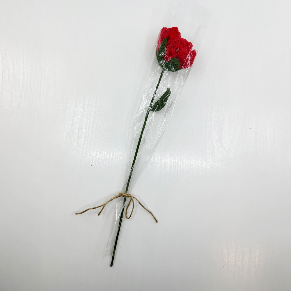 ROSE Hæklet RØD 43 cm pakket i cellofan m/bånd