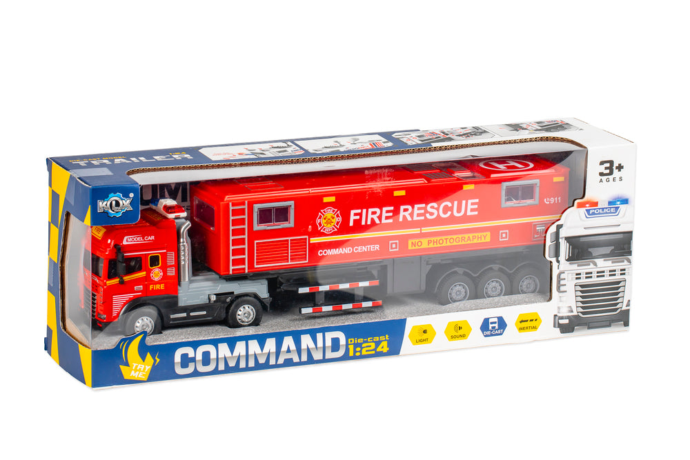 Die-cast brandbil med anhænger, lys og lyd