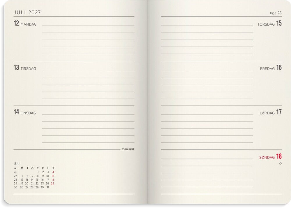 Ugekalender 2027 forma A6 sort kunstskind Mayland tværformat
