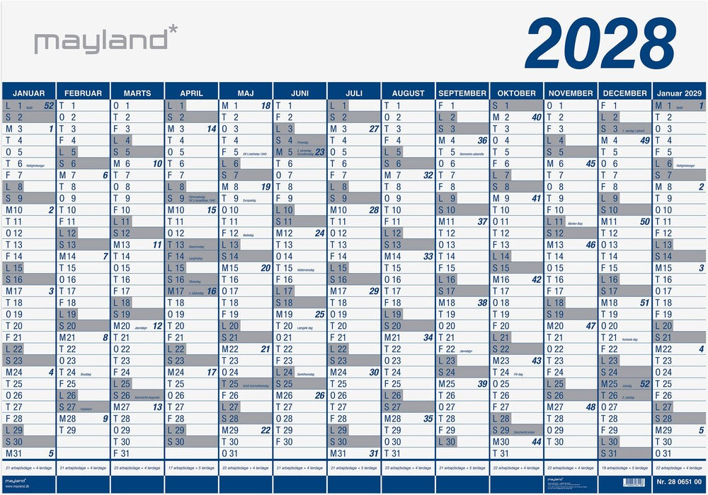 Kæmpekalender 2028 plast i rør 13 mdr Mayland 100 x 70 cm