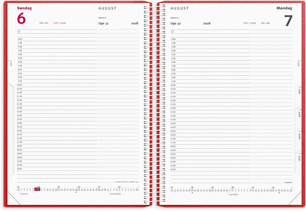 Timekalender 2028 dag pp rød Mayland 17 x 23,5 cm