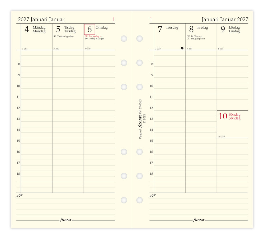 Refill Filofax Personal 2027 Uge/Opslag Vertikal