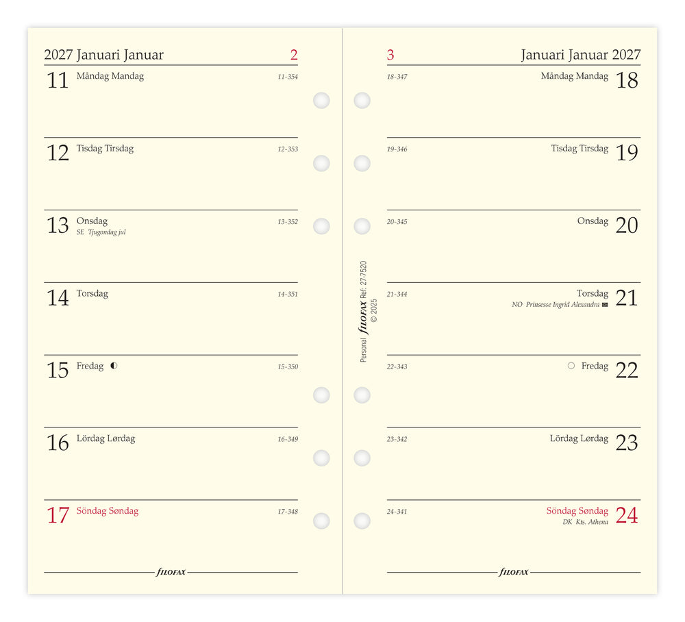 Refill Filofax Personal 2027 Uge/Side