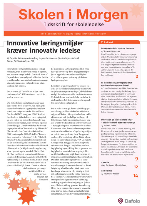 Skolen i Morgen. Nr. 2. Oktober 2012. 16. årgang. Tema: Innovation i folkeskolen