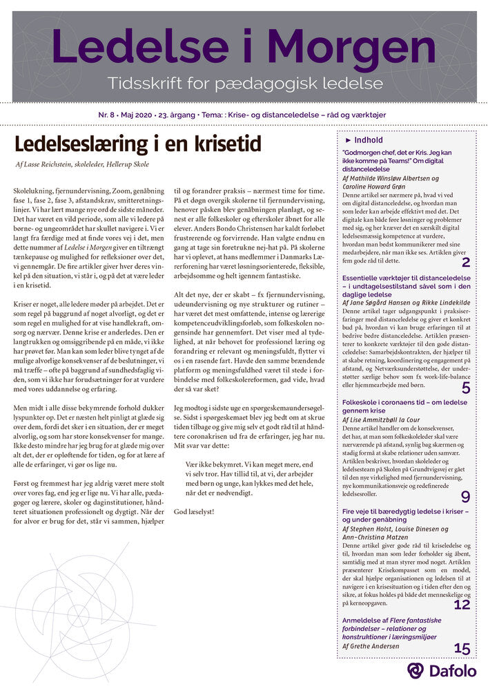 Ledelse i Morgen, Nr. 8. Maj 2020. 23. årgang.