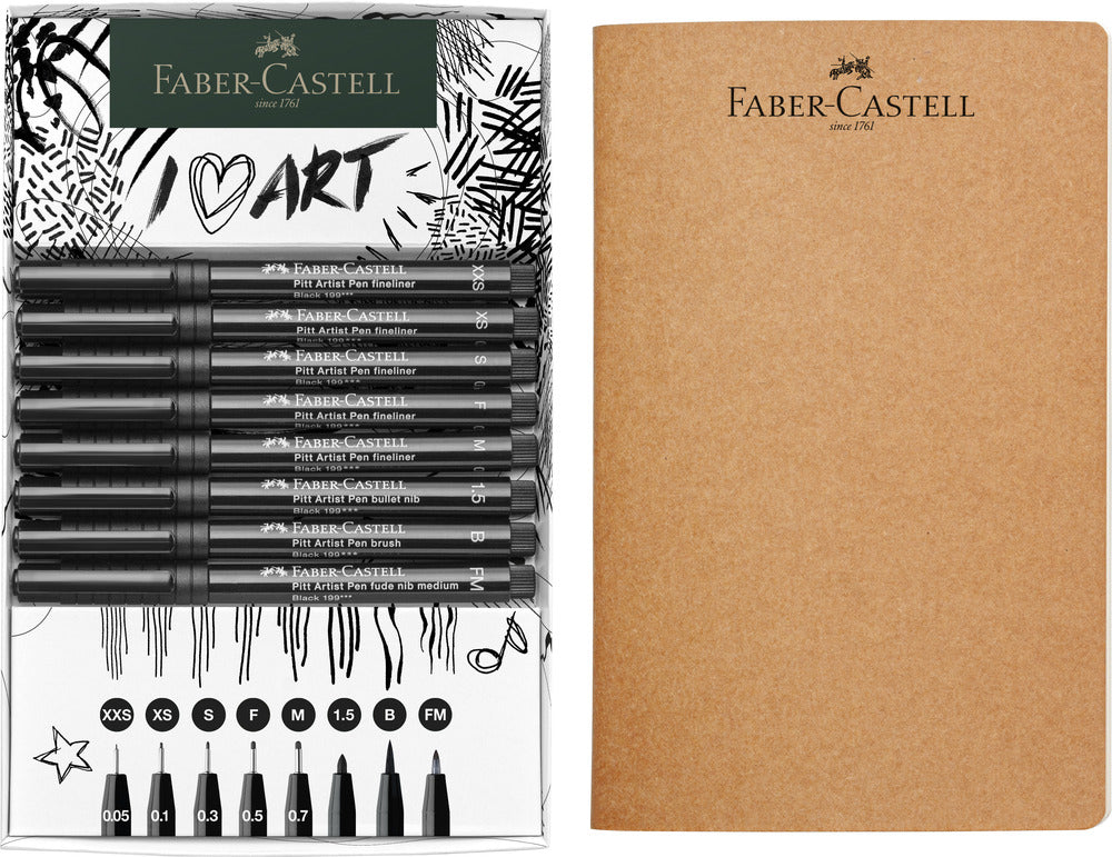 Tusser Pitt Artist Faber Castell 8 Ass + Sketchbook