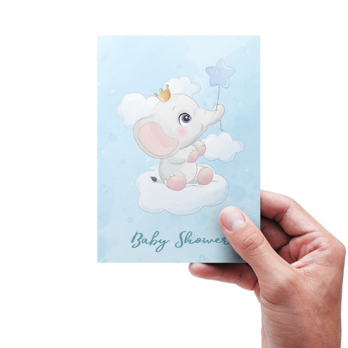 Kort Dobbelt m/konvolut Baby Shower Lyseblå M/ Elefant