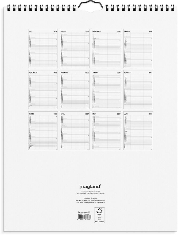Mayland Studie Familiekalender 26/27 Black and White 5 kolonner