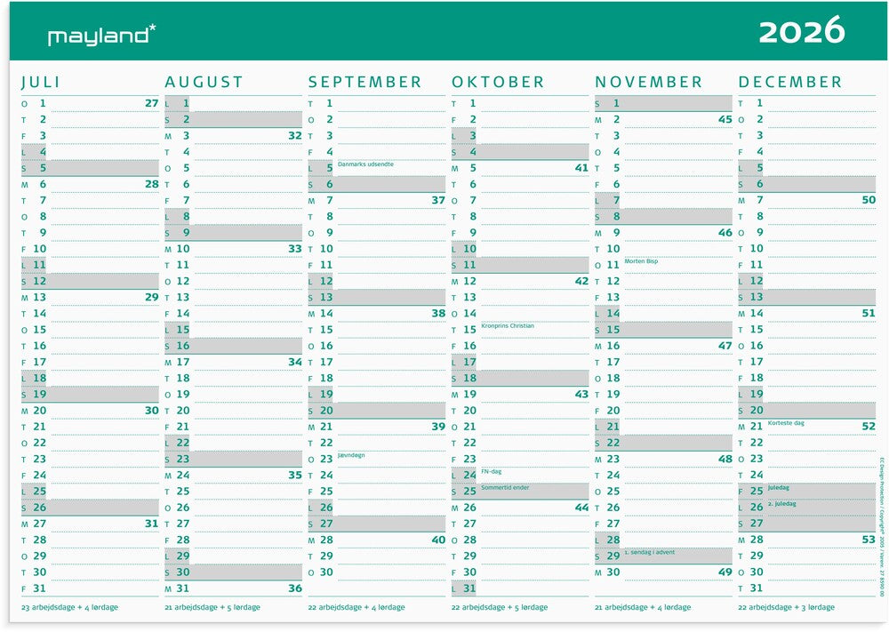 D1 Mayland KARTONKALENDER 26/27 A4 2X6 MÅNEDERS OVERSIGT