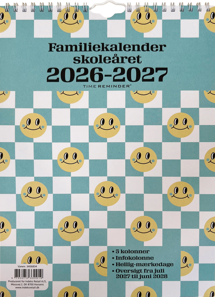 SKOLEFAMILIEKALENDER 2026/27 A4 SMILEY M/TERN I PASTELFARVER