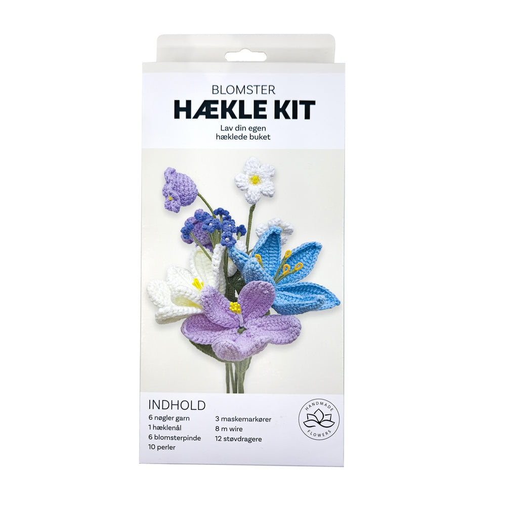 D2 Hækle kit pastel blomster 6 stk i blå,lilla,hvid