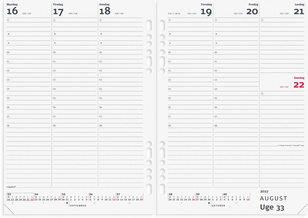 Kalender system 2027 uge A5 refill Mayland højformat 15x21cm