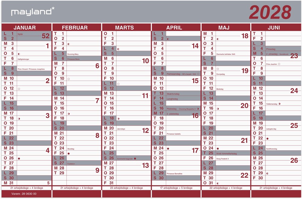 Vægkalender 2028 dobbelt halvårs Mayland 44 x 29 cm