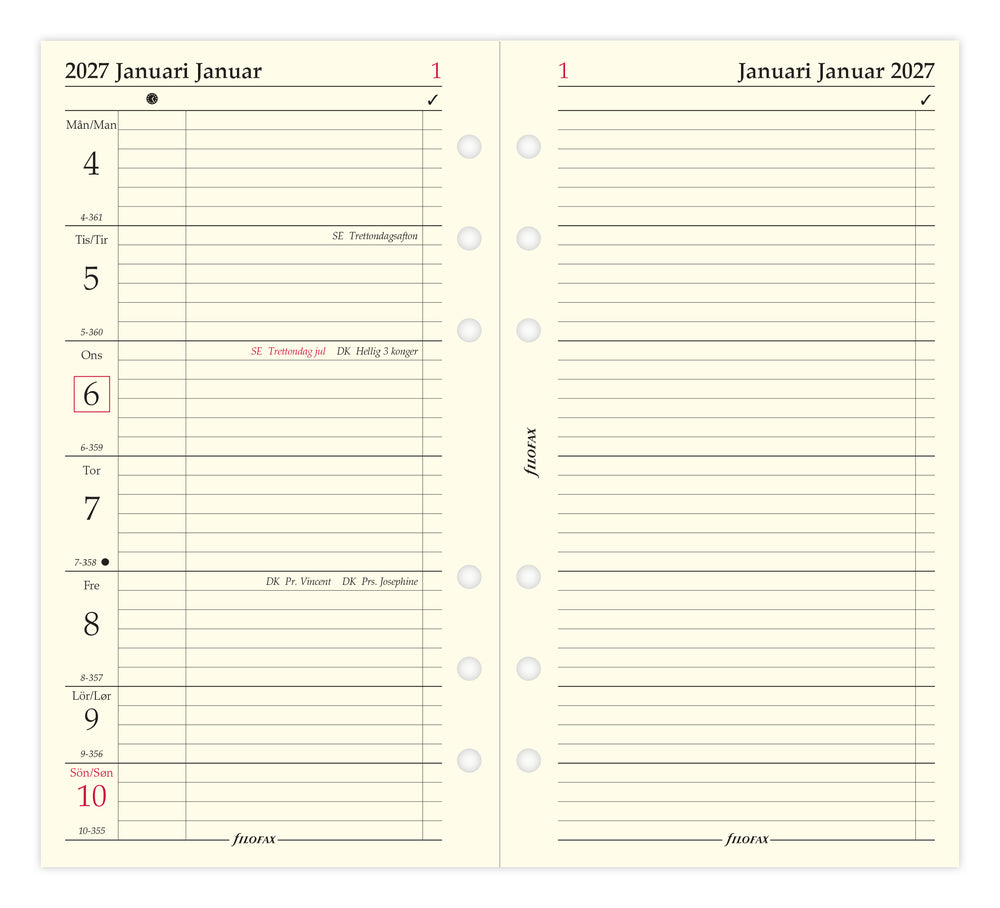 Refill Filofax Personal 2027 Uge/Side + Notat